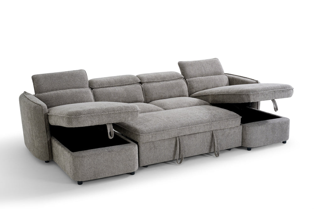 Gray sofa bed with chaise storage compartments open