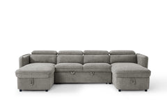 Front view of gray U-shaped sofa bed with extended chaise seats