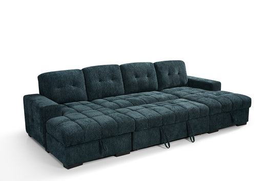 Palermo dark teal U-shaped sofa bed with extended, tufted sleeping surface