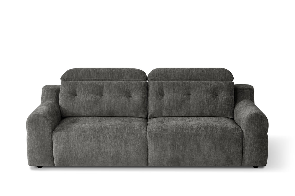 Front view of the dark gray three-seat electric sofa bed with tufted back cushions