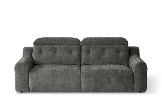 Front view of the dark gray three-seat electric sofa bed with tufted back cushions