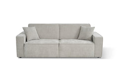 Houston Electric three-seat sofa bed, front view with two seat cushions and loose pillows.