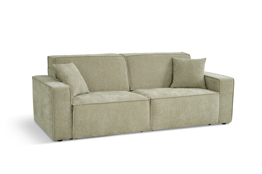 Three-seat electric sofa bed in light olive fabric with two cushions