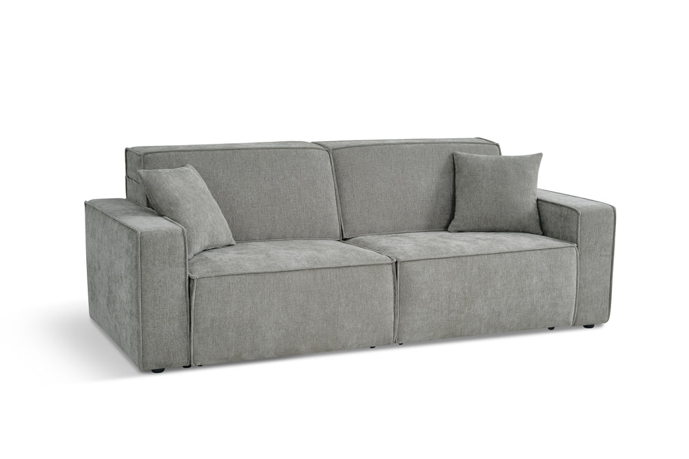 Gray three-seat electric sofa bed with two cushions and broad track arms