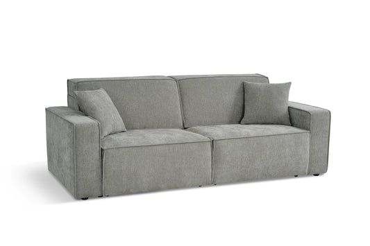 Gray three-seat electric sofa bed with two cushions and broad track arms