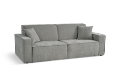 Gray three-seat electric sofa bed with two cushions and broad track arms