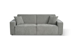 Front view of gray three-seat electric sofa bed with two loose cushions