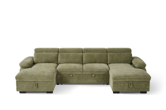 Olive U-shaped sofa bed with padded backrests and two extended chaise seats