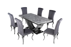 Arial dining table with gray stone top and sculptural pedestal, surrounded by six upholstered chairs