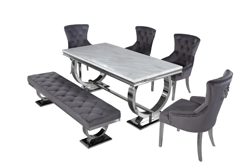 Arriana dining table with light gray top, shown with matching chairs and bench