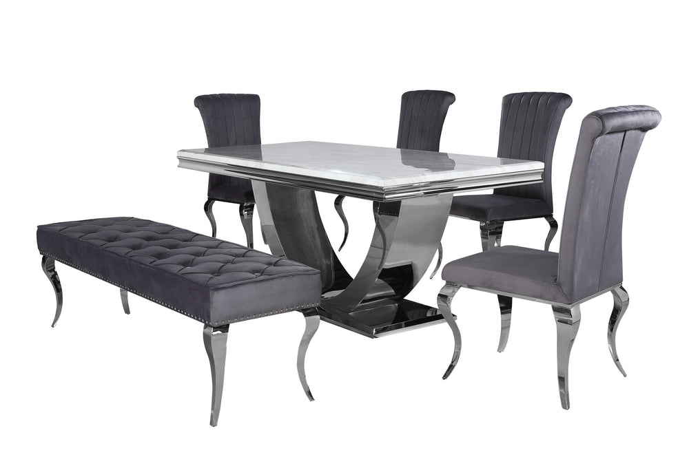 Arial dining table with pale stone top and sculptural chrome pedestal, paired with chairs and bench