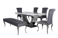 Arial dining table with pale stone top and sculptural chrome pedestal, paired with chairs and bench