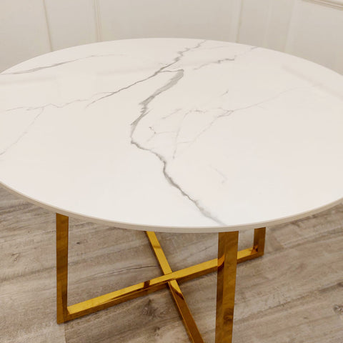Juno Gold 90cm Round Dining Table with Polar White Sintered Stone Top