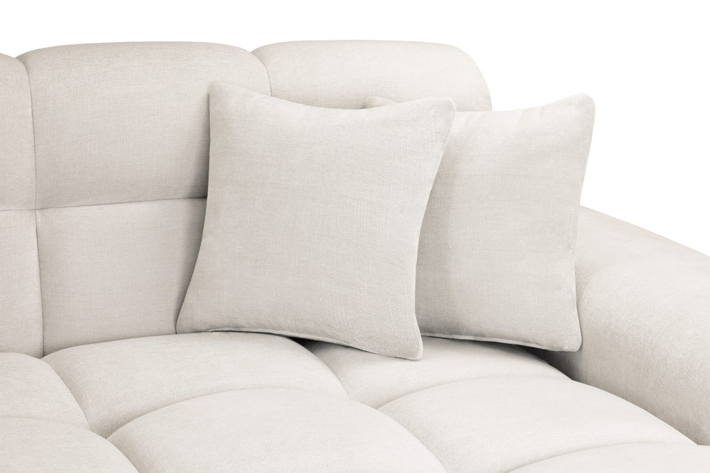 Corner sofa cushions and two matching pillows in textured cream fabric