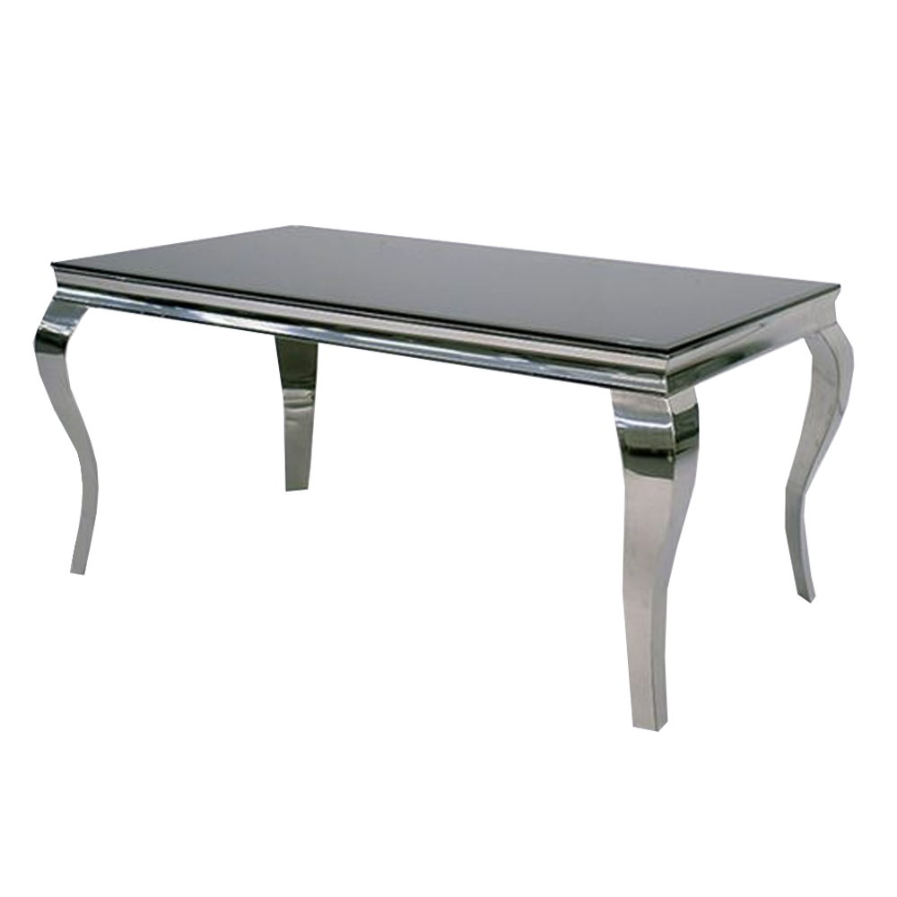 Louis Chrome dining table with a dark glossy top and curved chrome legs