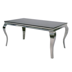 Louis Chrome dining table with a dark glossy top and curved chrome legs