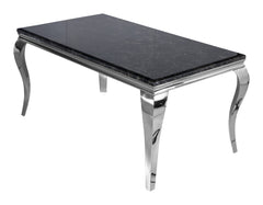 Louis Chrome dining table with a dark stone-look top and sculpted chrome legs