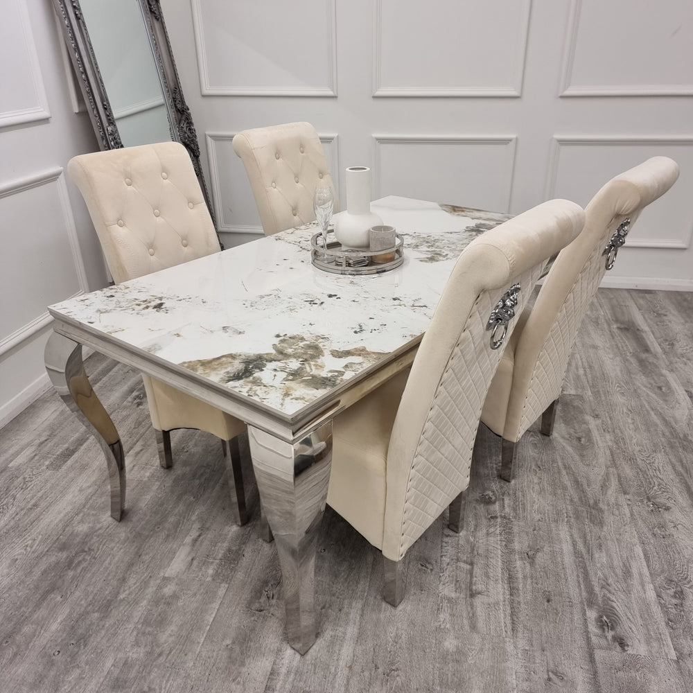 Louis Chrome dining table with a cream top patterned with brown and gray veining