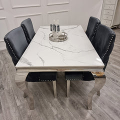 Louis Chrome dining table with a white marble-look top and curved chrome legs