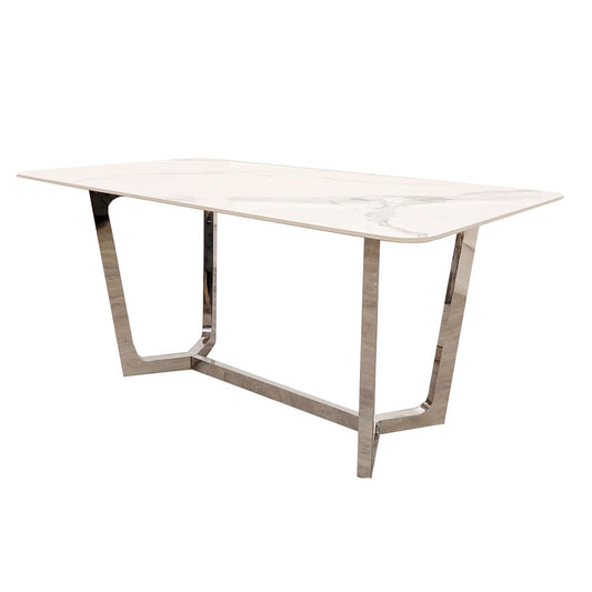 Lucien 1.6 dining table with white veined stone top and chrome frame