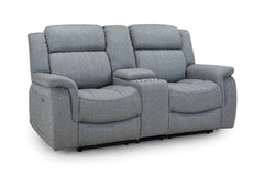 Two-seat power recliner sofa in gray fabric, with padded arms and center console
