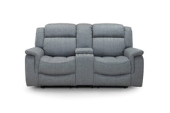 Front view of gray two-seat power recliner sofa with center console