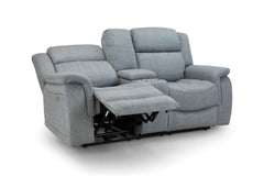 Gray power recliner sofa with one footrest extended