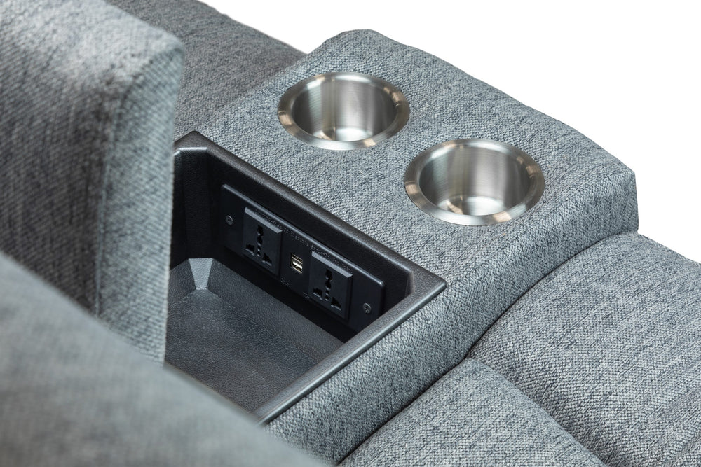 Power recliner sofa center console with two metal cupholders and charging ports