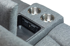 Power recliner sofa center console with two metal cupholders and charging ports