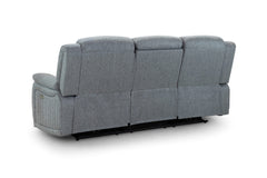 Gray three-seat power recliner sofa, shown from the back
