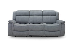 Three-seat gray power recliner sofa with three padded seat and back sections