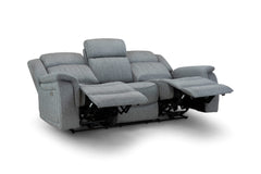 Gray three-seat power recliner sofa with footrests extended
