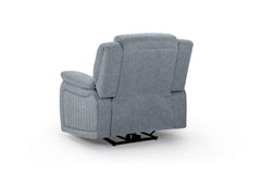 Back view of the gray Linden power recliner armchair and its base
