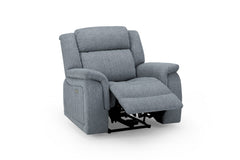 Linden power recliner armchair in gray upholstery, shown with footrest extended