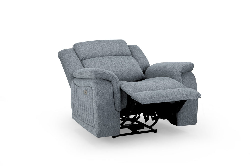 Gray Linden power recliner armchair with footrest raised and reclining mechanism visible