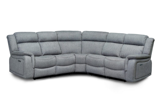 Large gray power reclining corner sofa with cushioned seats and padded armrests