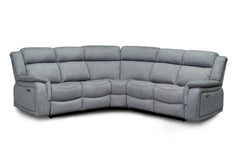 Large gray power reclining corner sofa with cushioned seats and padded armrests