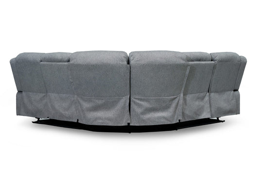 Rear view of the gray fabric corner sofa with covered reclining mechanisms