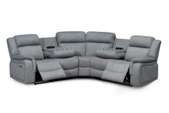 Gray power reclining corner sofa with extended footrests and cup holders