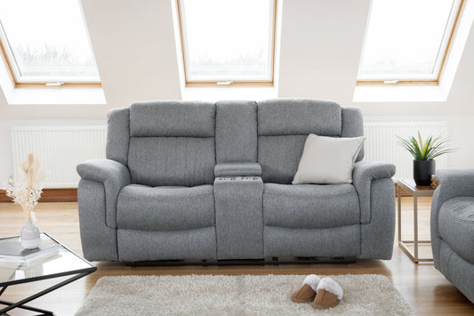 Gray two-seat power recliner sofa with center console and cupholders