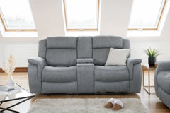 Gray two-seat power recliner sofa with center console and cupholders