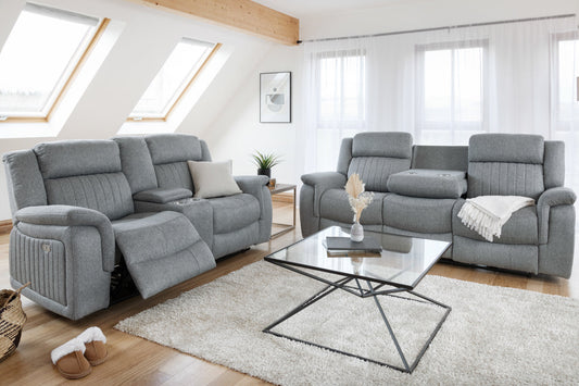 Linden gray power recliner sofa set arranged in a living room