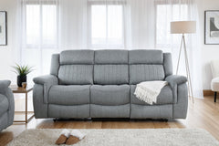 Three-seat gray power recliner sofa with padded backrests and armrests