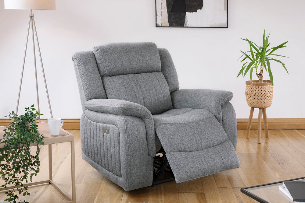 Gray Linden power recliner armchair with padded arms and extended footrest
