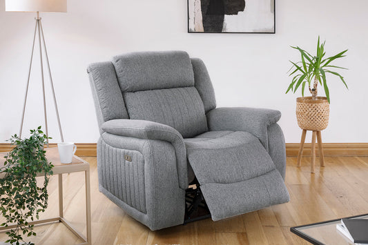 Gray Linden power recliner armchair with padded arms and extended footrest