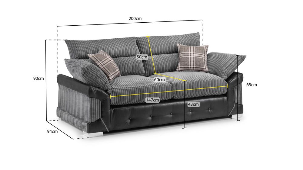 Logan three-seat sofa with gray ribbed cushions and dimensions marked