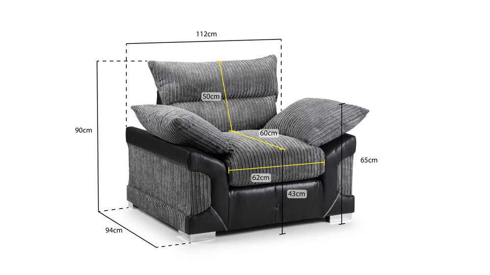 Logan Fullback armchair with dimension labels showing its width, depth, and height