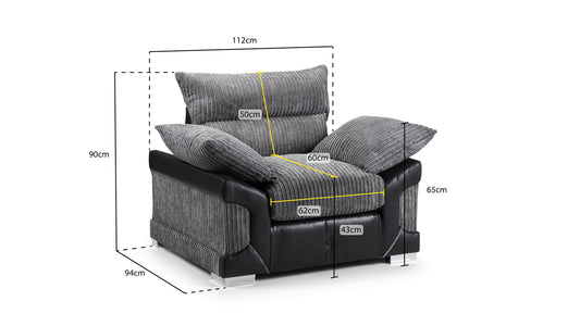 Logan Fullback armchair with dimension labels showing its width, depth, and height
