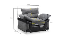 Logan Fullback armchair with dimension labels showing its width, depth, and height