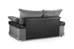 Back view of the Logan two-seat sofa, showing ribbed gray upholstery and a dark rear panel